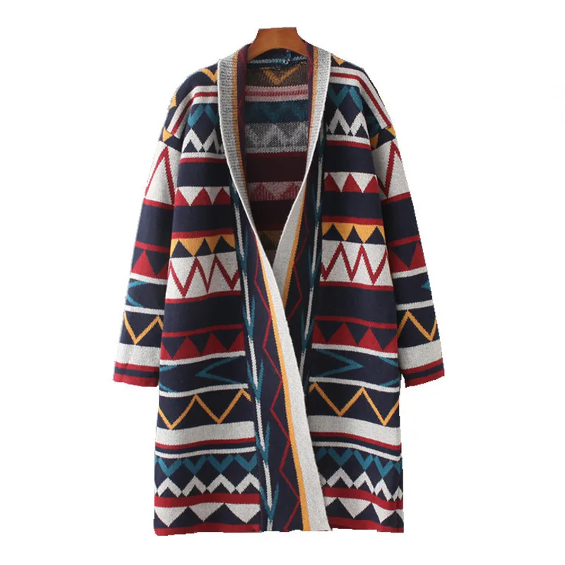 Геометрический волнистый вязаный длинный кардиган с v-образным вырезом для