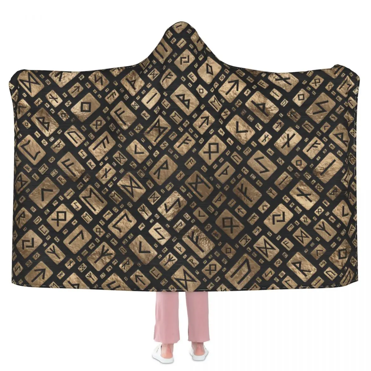 

Elder Runes - Futhark Pattern Gold On Black Wood Hooded Blanket 3D full print Wearable Blanket Adults Kids style