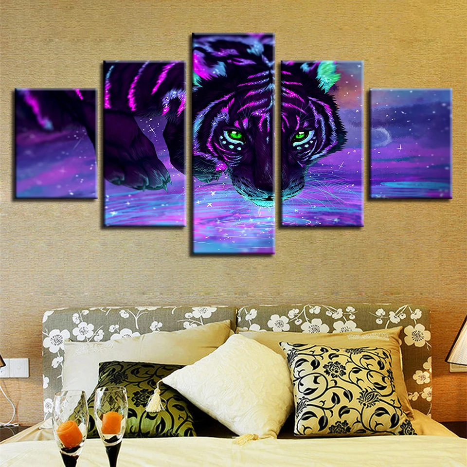 

Purple Fluorescent Tiger Animals Canvas Painting Modern Wall Art Poster Painted Picture For Home Decor