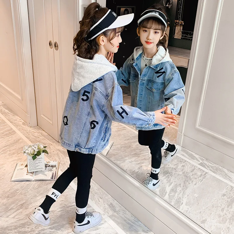 

Girls Denim Jacket Coat Letter Coat Girl Hooded Patchwork Children's Coats Casual Style Kids Clothes Girl 4 6 8 10 12 Yrs