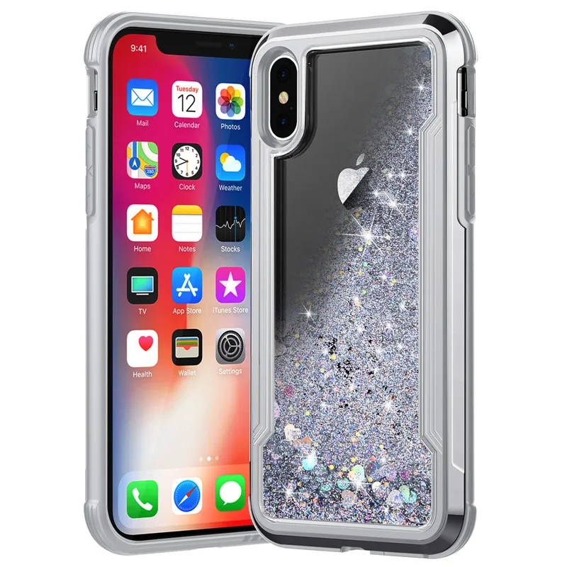 Silver Броня Гибридный ударопрочный каучук бампер чехол для iPhone 11 Pro Max 6 6s 7 8Plus X XS Max XR жидкий сыпучий песок украшение блестки чехол - Цвет: Silver