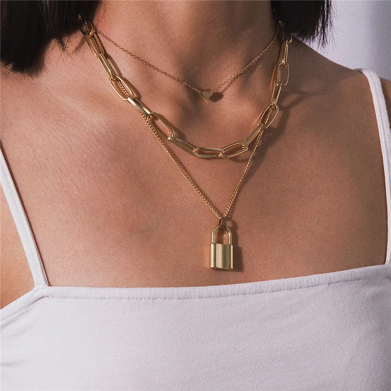 European and American Exaggerated Thick Chain Hip-Hop Retro Multi-layer Geometric Lock-Shaped Love Necklace Sexy Ladys 2021 | Украшения и