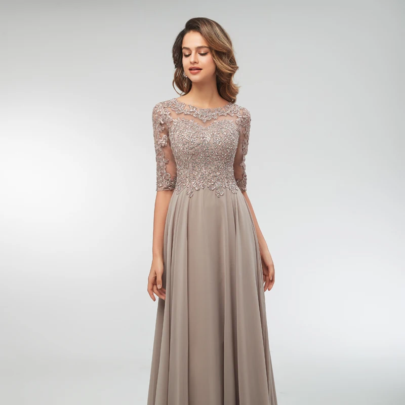 

Lace Applique Beaded Mother of the Bride Dresses Elegant Half Sleeves Long Chiffon Evening Formal Maxi Dress