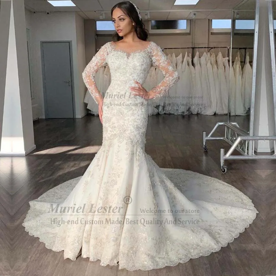 

Ivory Mermaid Long Sleeves Bride Dress Vestidos De Novia 2020 Custom Made Appliques Beading Bridal Gowns Abito Da Sposa Dresses