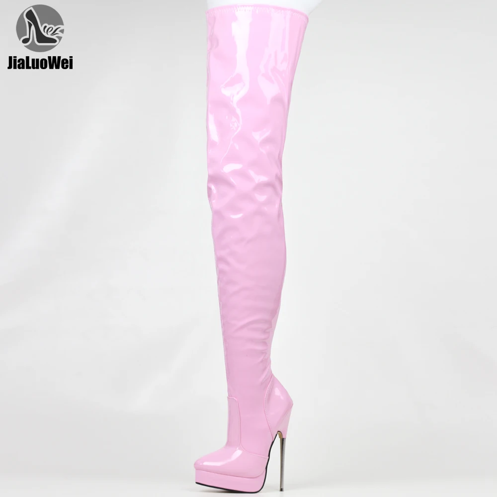 

JIALUOWEI 7 "шпильки блестящие розовые высокие сапоги на платформе Готический Фетиш 5-15