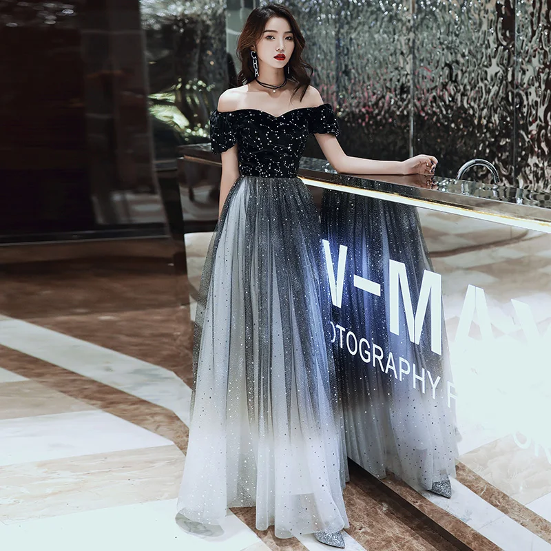 

Evening Dresses New Gradient Black Bling Boat Neck A-line Floor-length Off the Shoulder Plus size Customized Formal Dress R1586