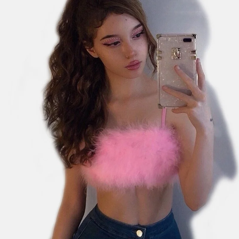 

Fashion Straps Pink Feather Crop Top Women Girls Camisole Sleeveless Tops Party Club Streetwear Camis