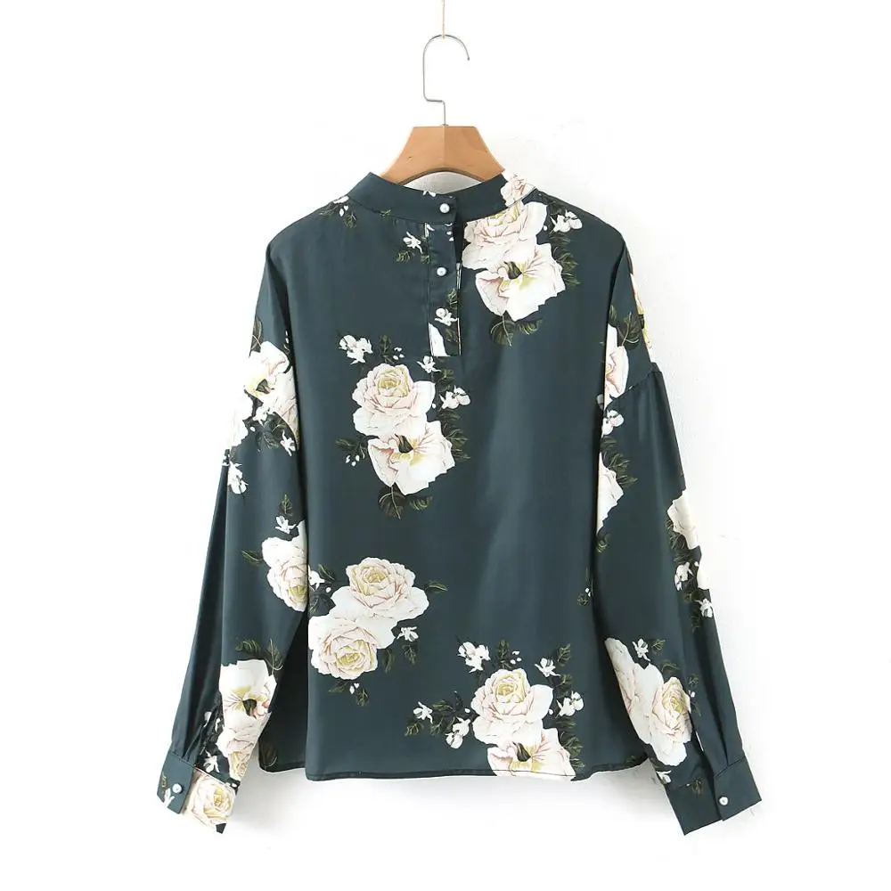Женская атласная блузка za винтажная зеленая с цветочным принтом и воротником
