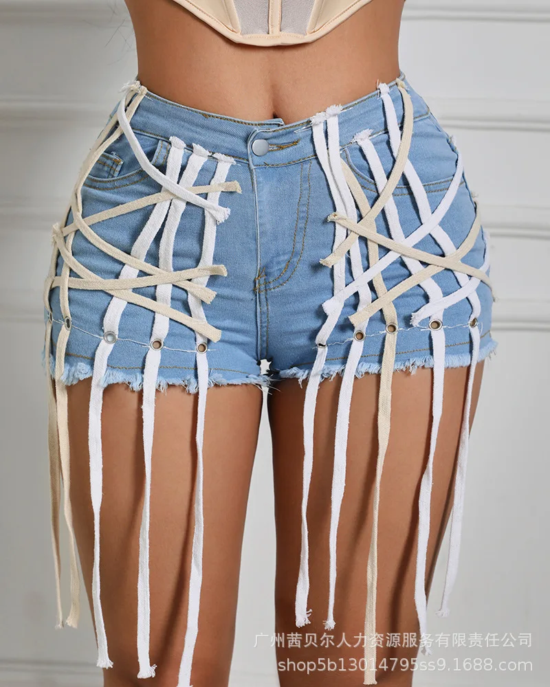 

Spot 2021 women's new light blue strappy sexy denim shorts
