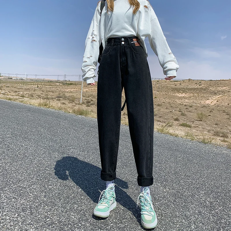 Джинсы-шаровары женские с завышенной талией прямые брюки-султанки свободного