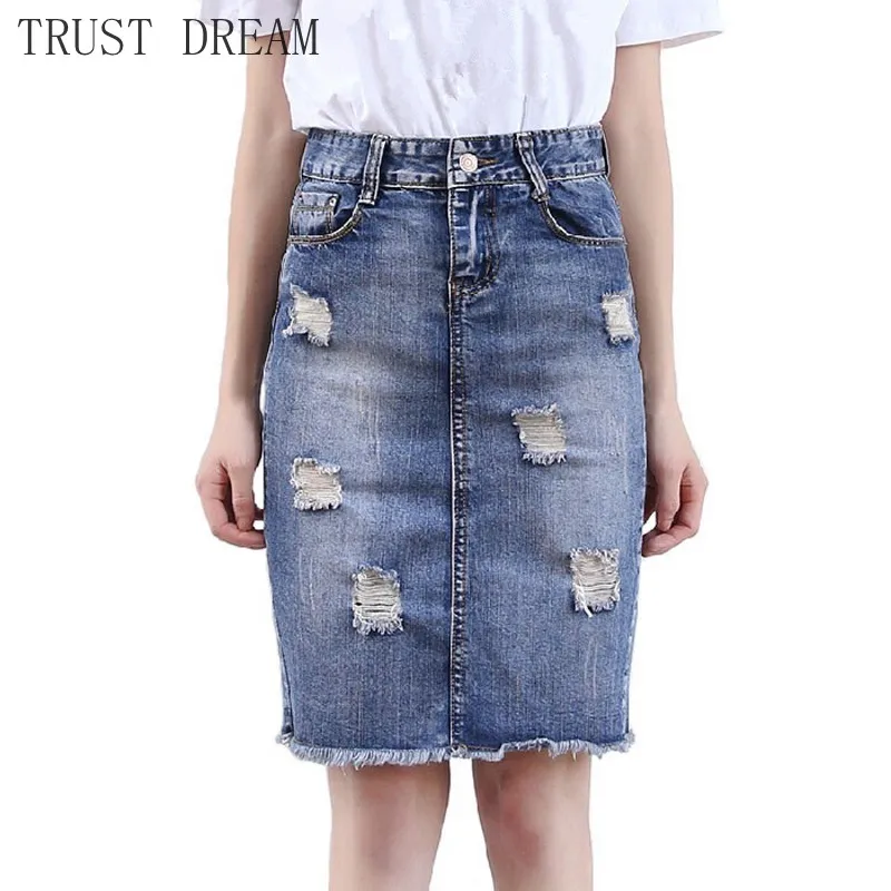 

New 2020 Fashion Women Denim Skirts Ripped Hole Sexy Female Jeans Skirt Destoryed Burr Brim Girl Spring Summer Leisure Clothing