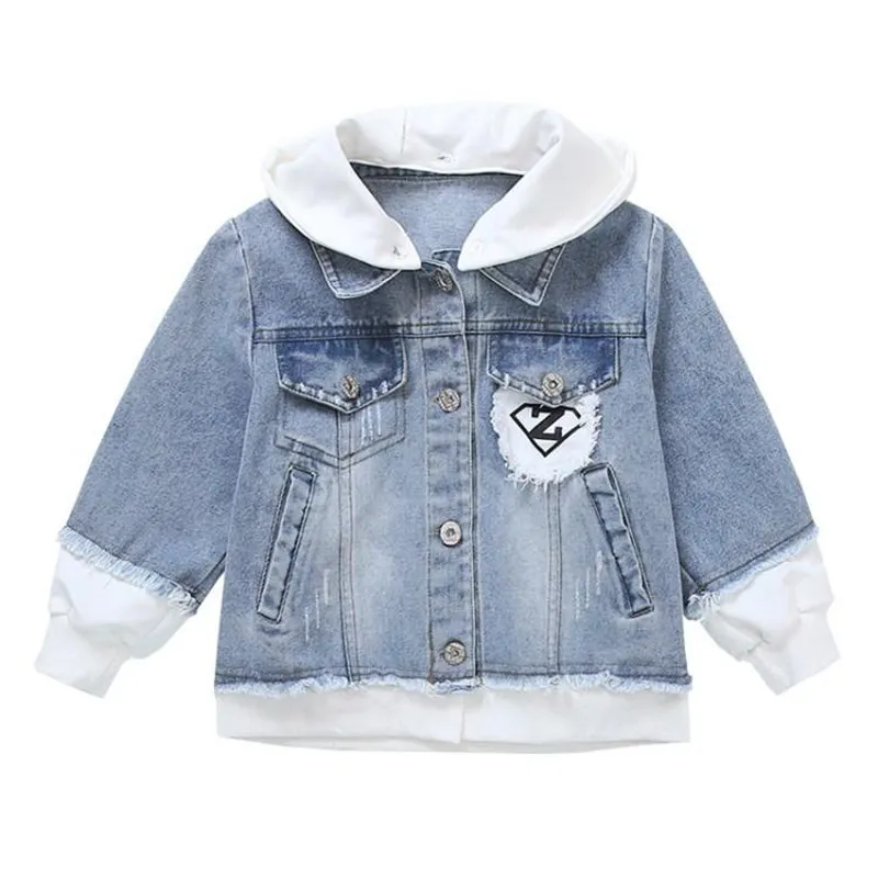 Джинсовая куртка для девочек осенняя модная детская джинсовая с капюшоном