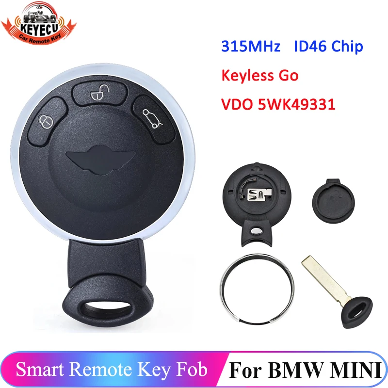 

KEYECU 315MHz ID46 Chip VDO 5WK49331 Keyless Go Remote Key Fob MINI Cooper Cabrio Clubman Countryman Coupe R58 P/N: 3456371-01