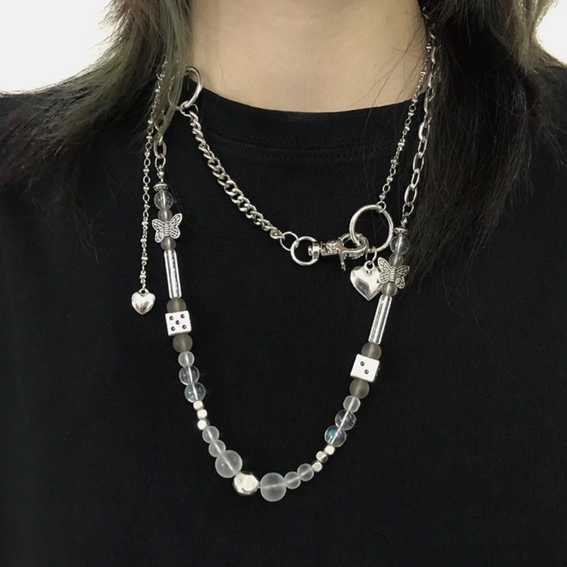 

Punk Rock Butterfly Skull Adjustable Choker Lucky Dice Beaded Stainless Steel Chain Necklace Fashion Streetwear Jewelry