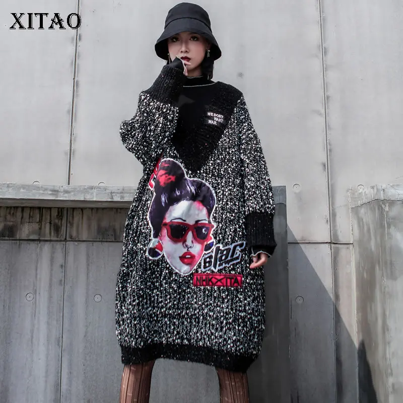 XITAO свитер с вышитым буквенным узором вязаный длинный 2019 осенние Элегантные