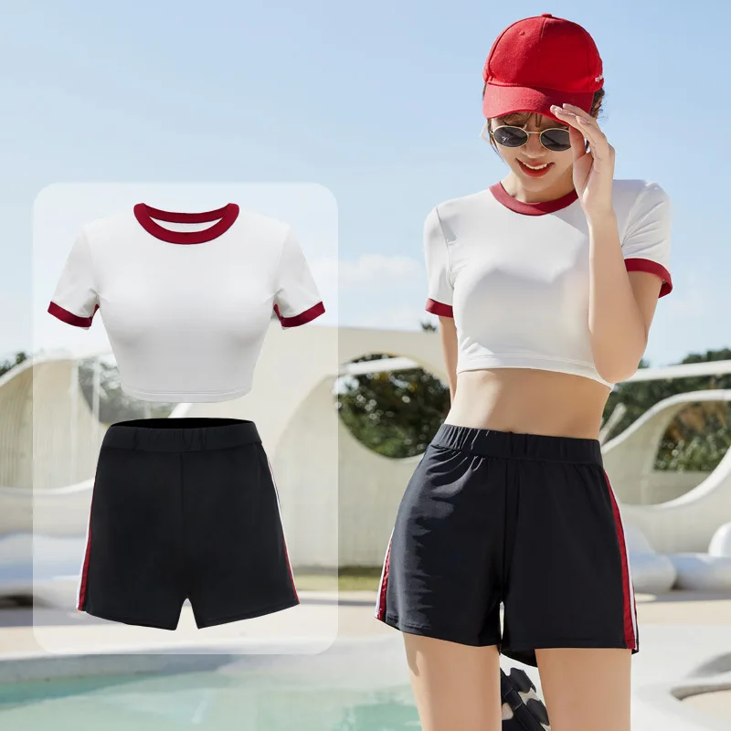 2021 Summer New Short Sleeve Sports Swimsuit Women Two Piece Set Swimwear Quick Dry Swimming Suit for Women Beach Wear