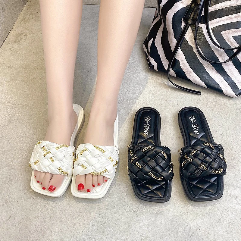 

Fashion Women Slippers 2021 Chain Weaving Black White Slippers Beach Shoes Flip Flops Square Toe Summer Platform Flat Slides