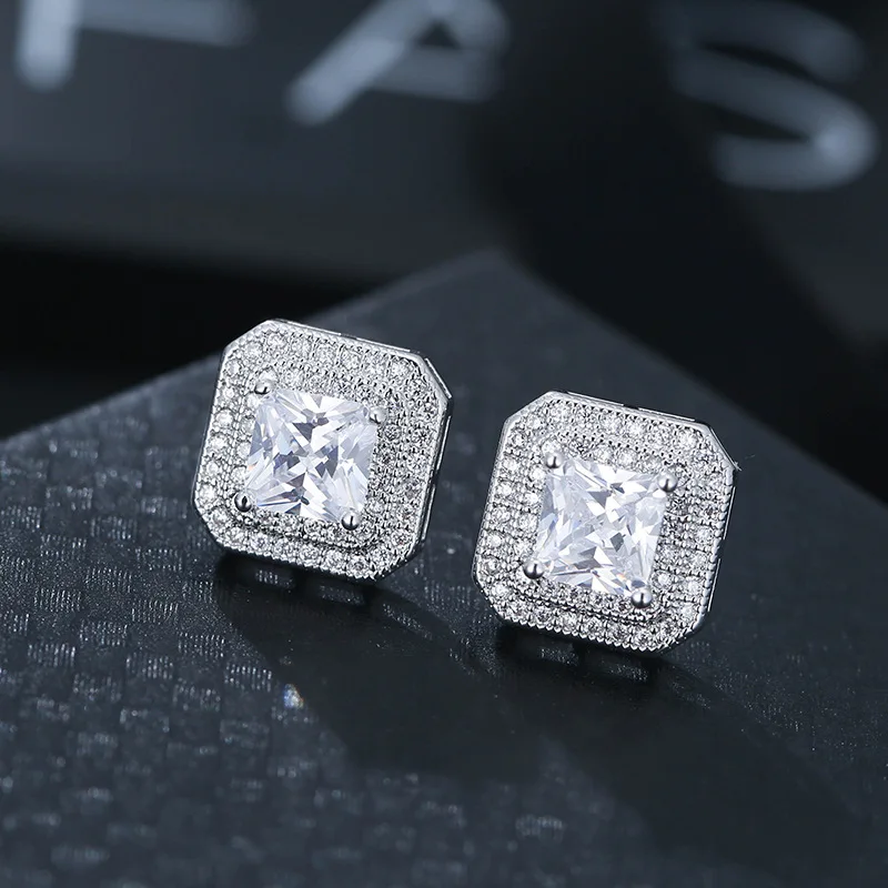 

Real Sterling Silver princess cut zirconia stud Earrings for women Wedding brincos Boucle D'oreille Femme Bijoux Jewelry e668