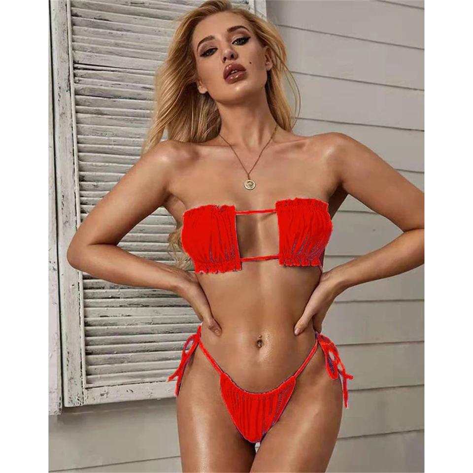 

Solid Mini Bikinis Women Bandeau Bandage Swimwear Swim Suit Sexy Bathing Suit Female Bikini Sets Biquini Muje