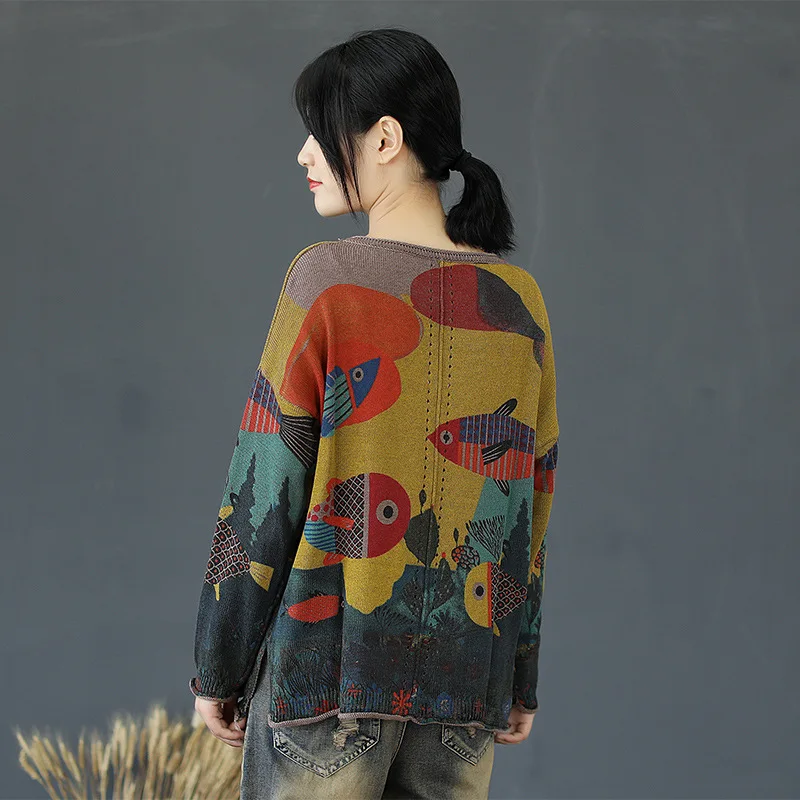 Autumn Sweater Women Retro Knitting Pullovers 2019 New Ladies Loose Tops O-Neck Long-sleeved Print Large size Casual | Женская одежда