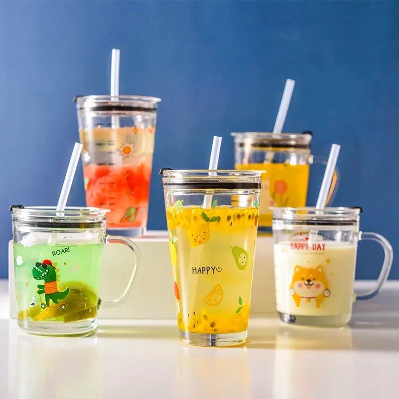

350ML/450ML Straw Cup Leak Prevention Cartoon Animals Children's Drink Mug Student Glass Milk Bottle Kid Gift