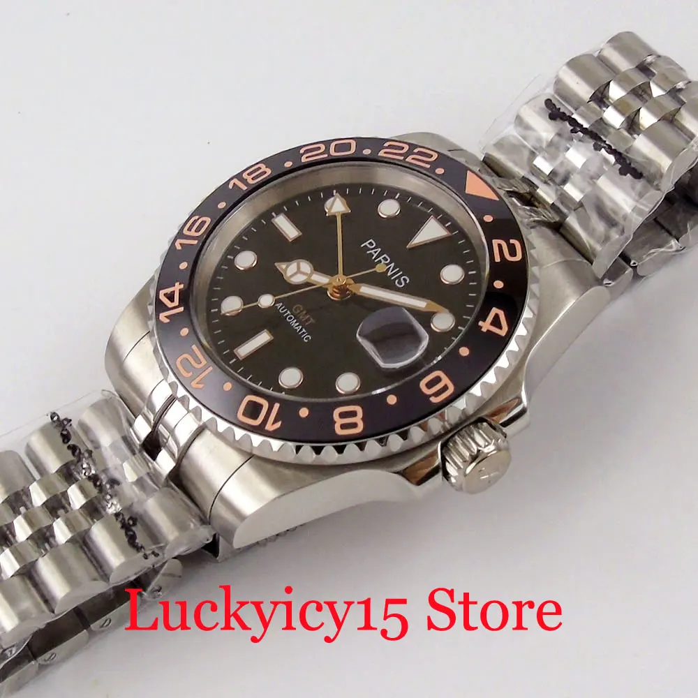 PARNIS Роскошные GMT Механические Мужские наручные часы из нержавеющей стали с