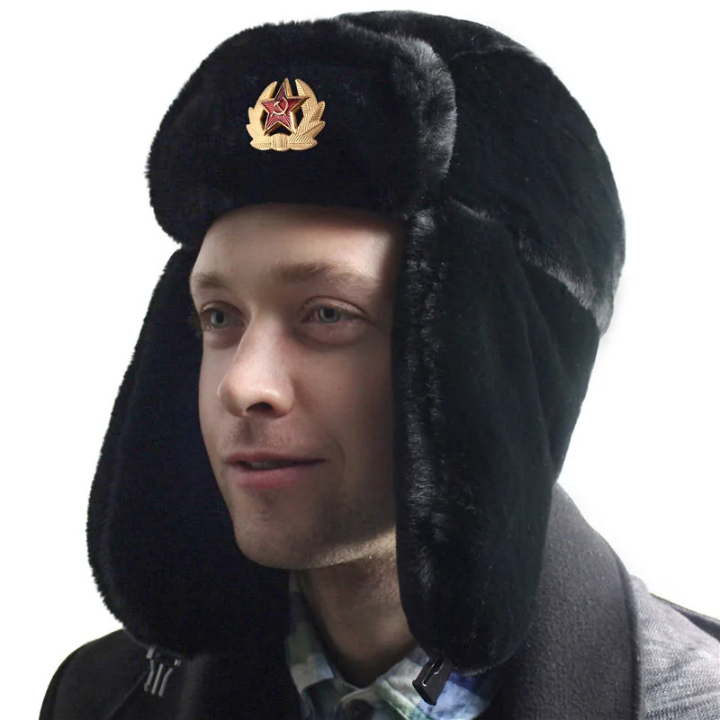 

Men's Winter Soviet Badge Lei Feng Hats Russian Ushanka Bomber Hat Outdoor Warm Plus Velvet Thicken Faux Rabbit Fur Snow Caps