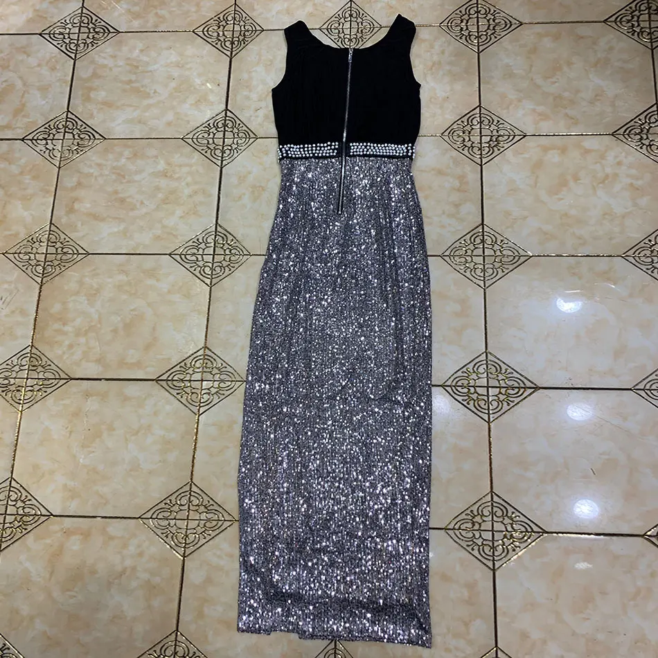 

Ailigu 2020 New Shiny Women's Party Dress Sexy V-neck Sleeveless Beaded Sequin Long Dress Elegant Bodycon Club Party Dress