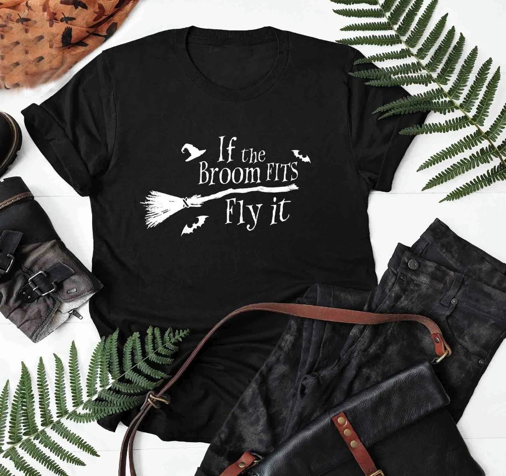 If the broom fits fly it funny graphic women fashion witch grunge tumblr Halloween party street style t-shirt tees shirts- K116 | Женская