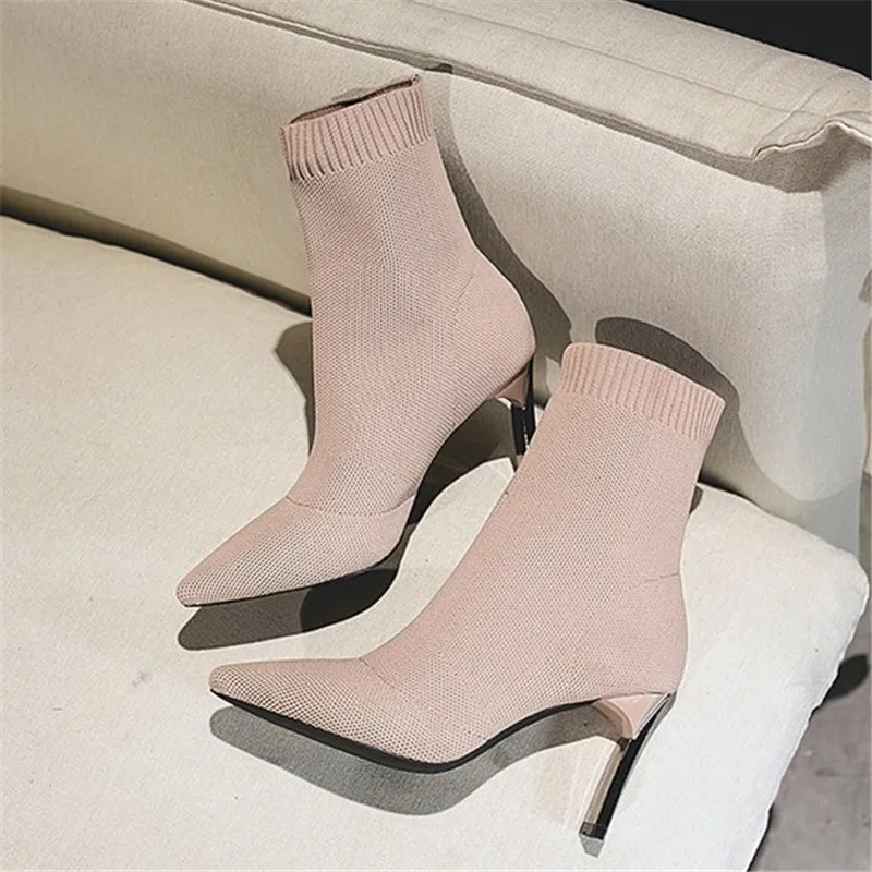 

Mobetty New sexy High-heeled sock Boots Pointy Knit Chunky Heel Women Boots Elastic Skinny Boot Soft Short Boots Botas Feminina