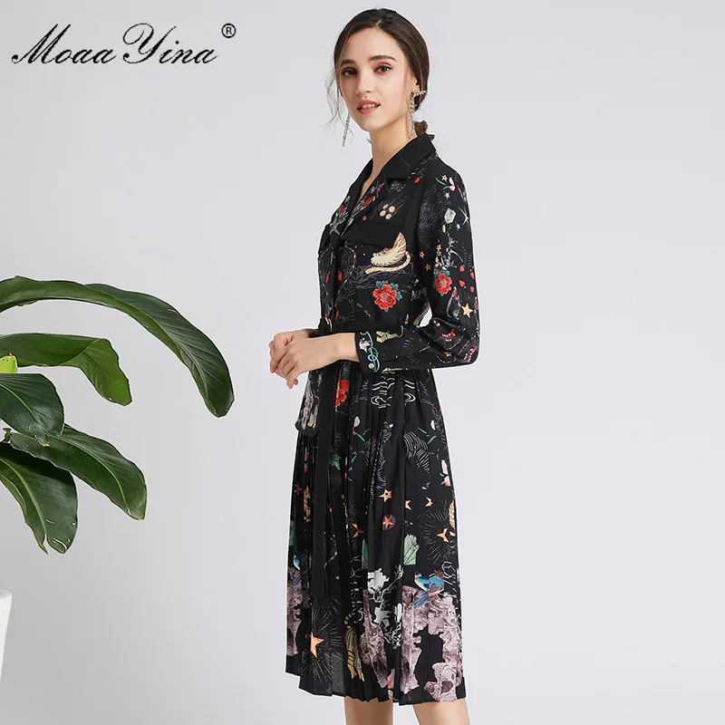 MoaaYina Fashion Designer dress Spring Autumn Women's Dress Long sleeve Lace-Up Print Elegant high quality Dresses | Женская одежда