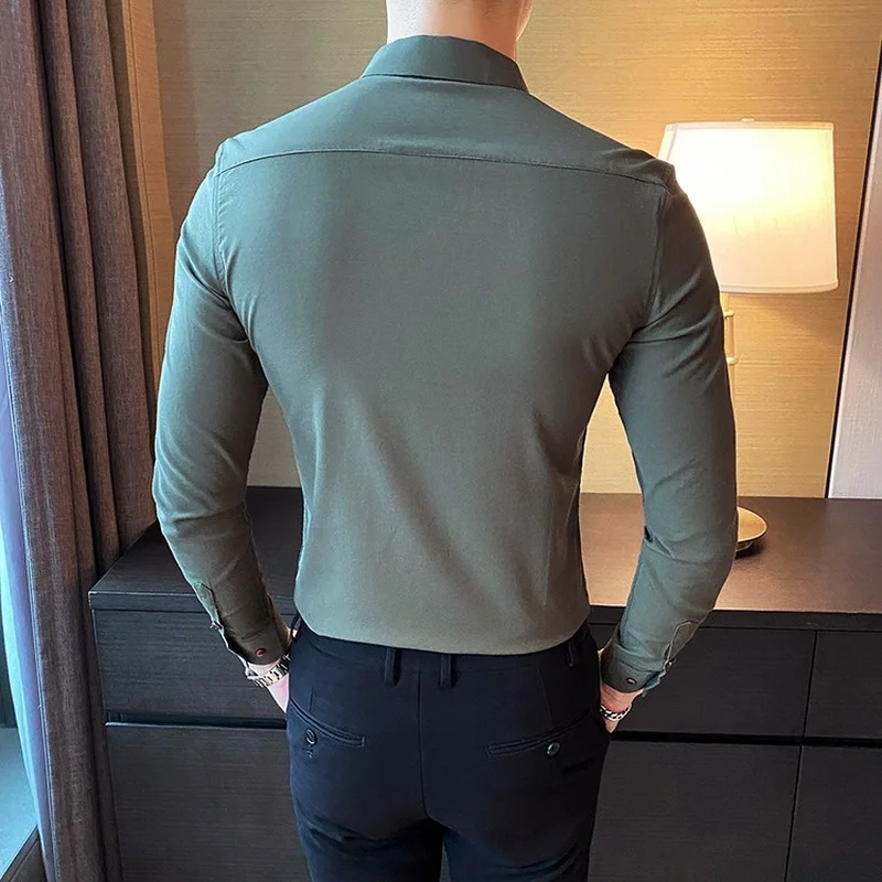 2021 Autumn Men's Embroidery Logo Shirts Vintage Slim Blouse Homme Business Casual Long Sleeve Shirt High Quality Male Clothing