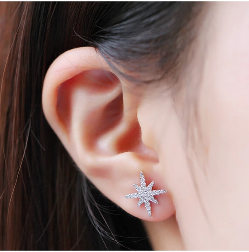 Женская Асимметричная серьга New Moon с восьмиконечной звездой из стерлингового