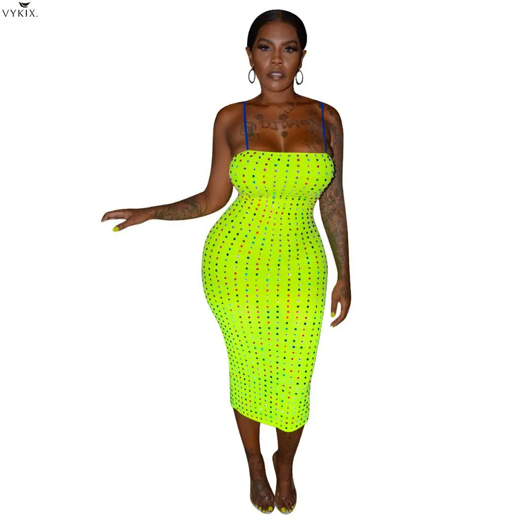 

New Fashion Women Summer Hot Rehinestone Drilling Spaghetti Strap Sleeveless Slash Neck Bodycon Sexy Party Clubwear Pencil Dress