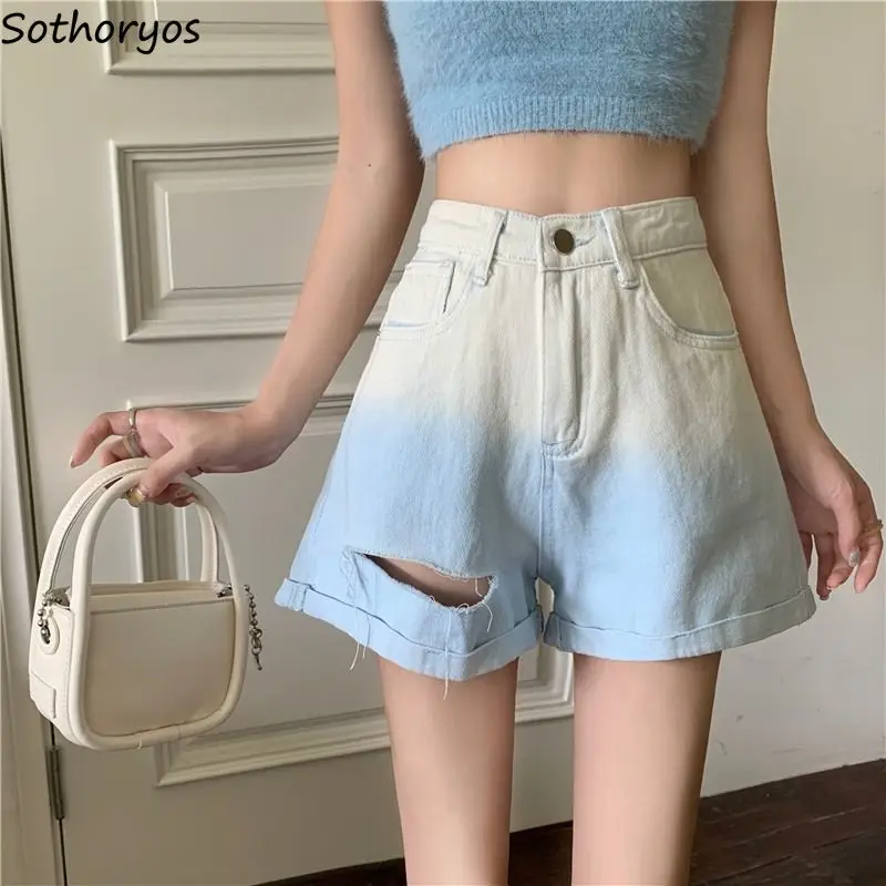 

Holes Denim Shorts Women Tie Dye Gradient Fashion Sexy Harajuku Bottoms Summer Casual High Waist All-match Breathable Cool Girls