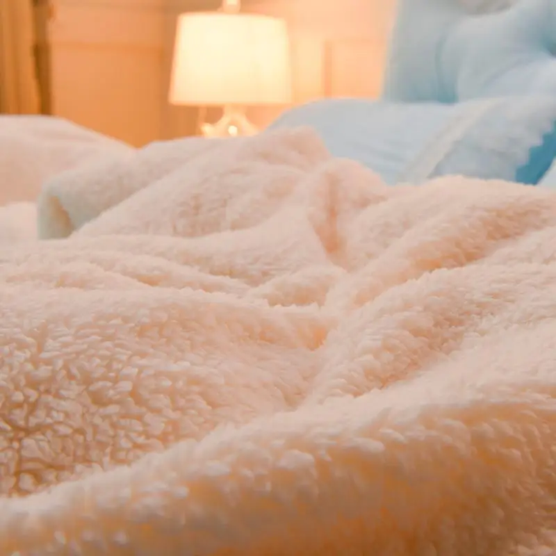 Blue Pink Purple Soft Berber Fleece Princess Girl White Lace Bedding Set Fabric Duvet Cover Bed sheet/Linen Pillowcases |