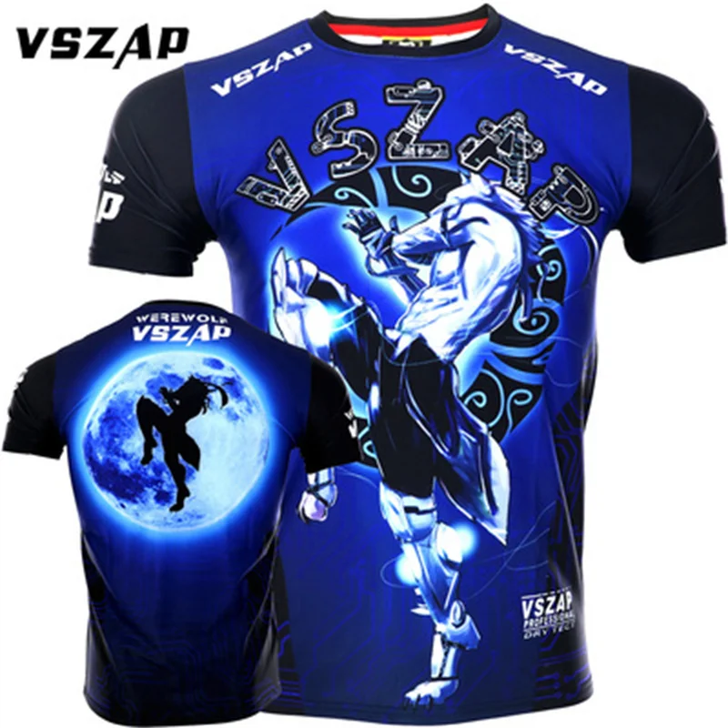 VSZAP MMA Elastic Quick-drying T-shirt Fitness Wolf Short-sleeved Muay Thai Fighting Sanda Fighting Sport Shirts Boxing Jerseys