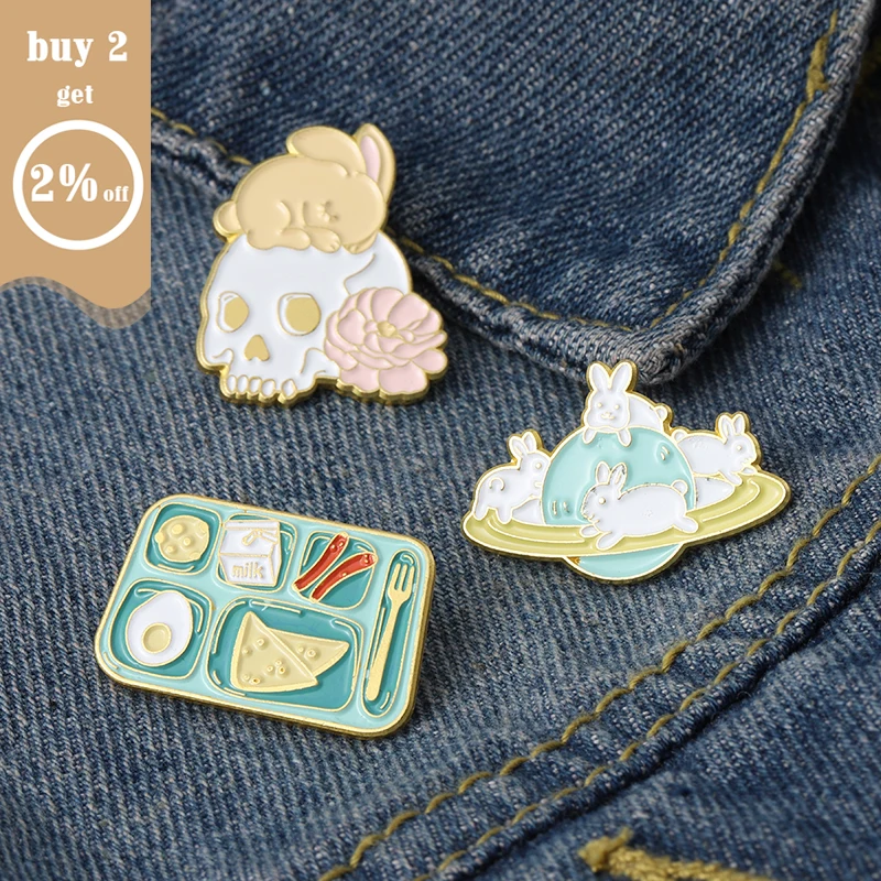 Мультфильм кролик эмали штырь череп планета завтрак Броши для женщин милые