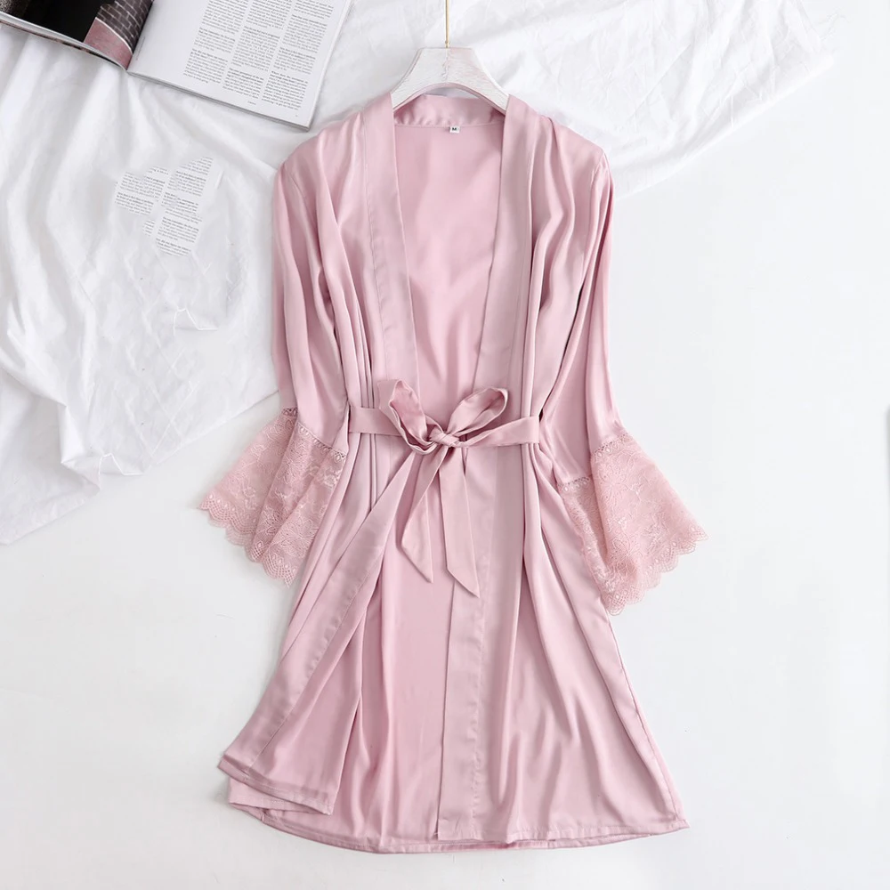 Атласный рукав с кружевом халат для молодых девушек ночная рубашка v-образным