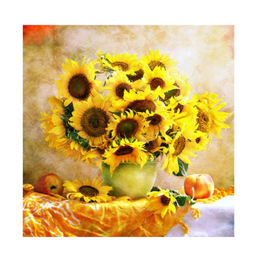 Алмазная 5D картина ваза Подсолнуха с полными квадратными/круглыми стразами