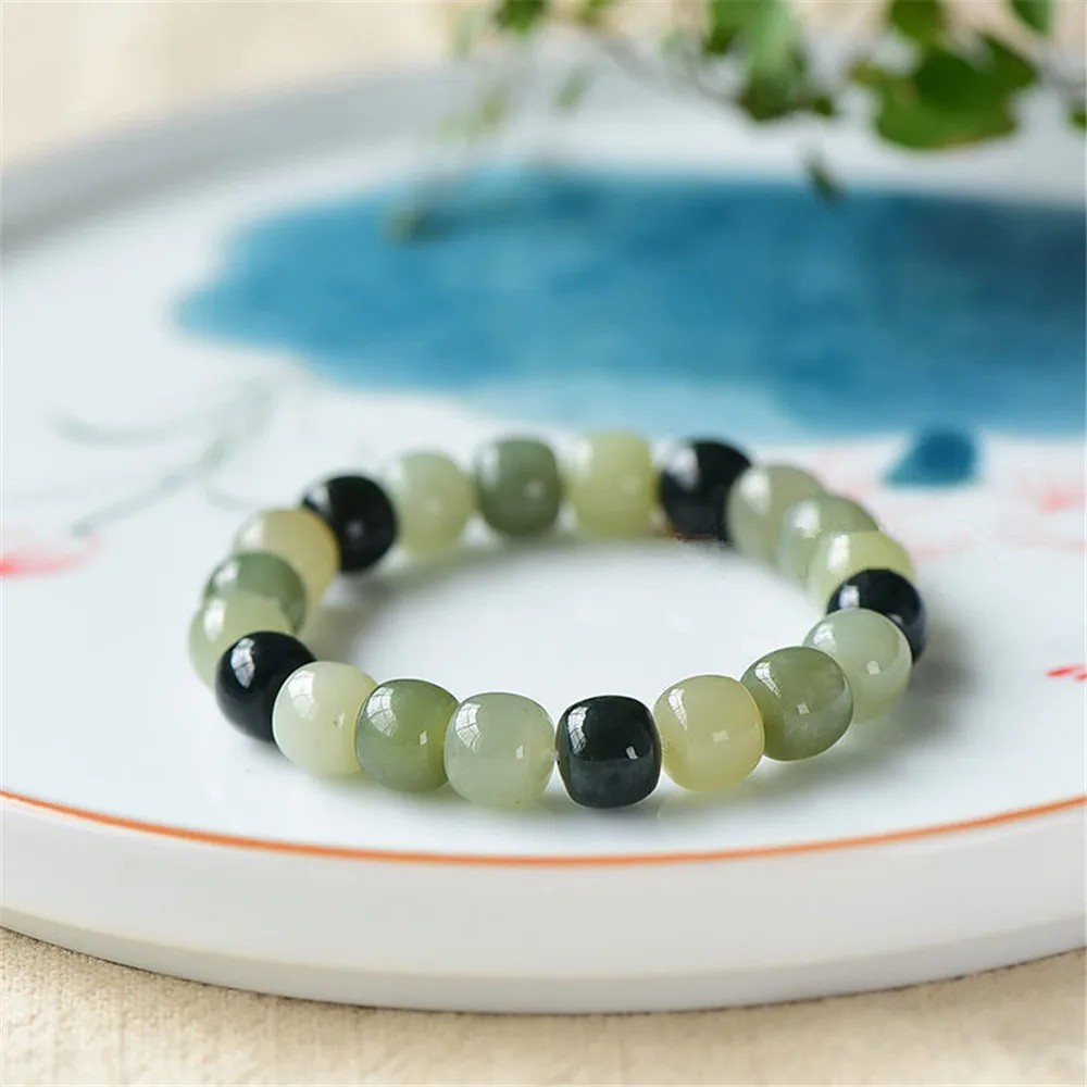

Natural Xinjiang Hetian Green Jade Barrel Beads Bracelet For Women Men Vintage Buddhism Ethnic Style Charm Fine Jewelry Whosale