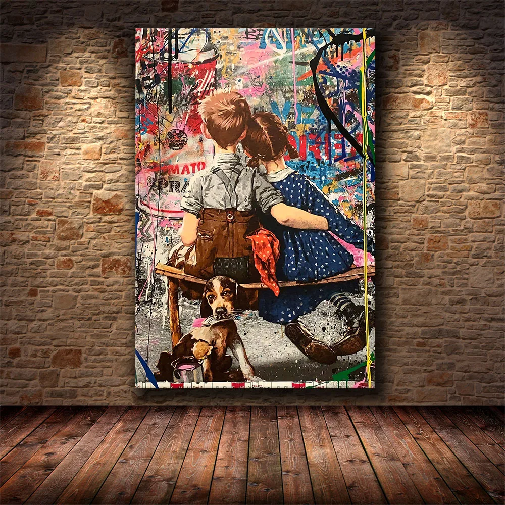 Граффити мальчик поцелуй Девушка картина маслом живопись на холсте постер и