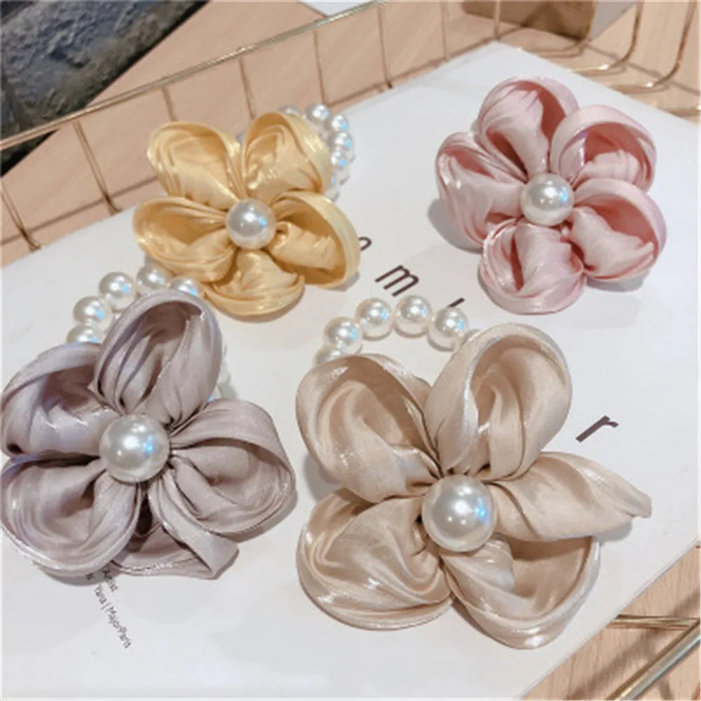 

New Korean Style Solid Color Chiffon Flower Pearl Hair Ring Hair Rope Sweet Head Rope Temperament Large Hair Accessories
