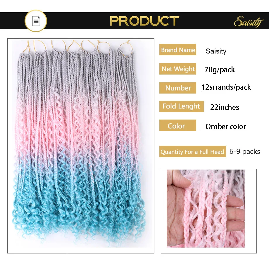 Saisity Ombre Synthetic with Split Ends Goddess Box Braids Crochet Hair Extensions With End Bohemian Box Braiding Hair images - 6