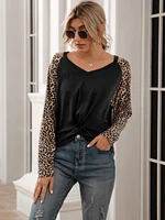 spring autumn women cheetah print tshirt long sleeve v neck t shirts casual oversized t shirt femme tops