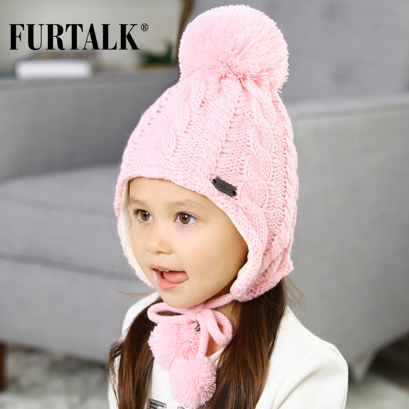 FURTALK, детская зимняя шапка с помпоном, комплект с шарфом для девочек и мальчиков, детская трикотажная шапка, мягкая теплая шапка с помпонами и ушками, Милая зимняя детская шапка