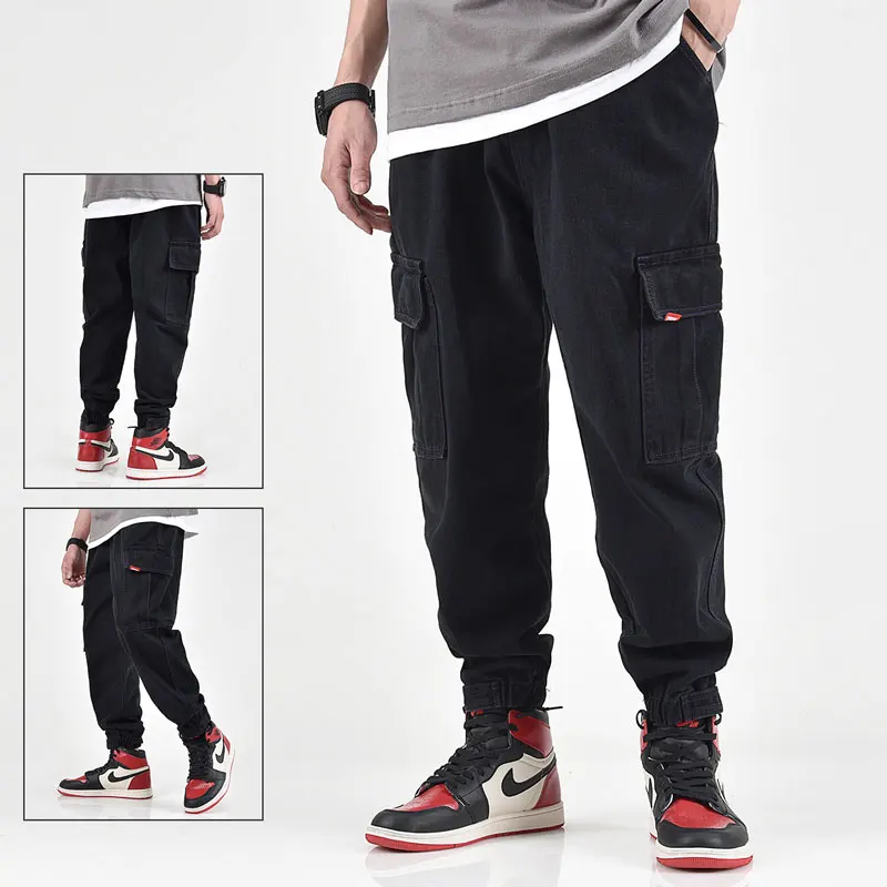Джинсы-карго мужские с большими карманами модные штаны свободного покроя в