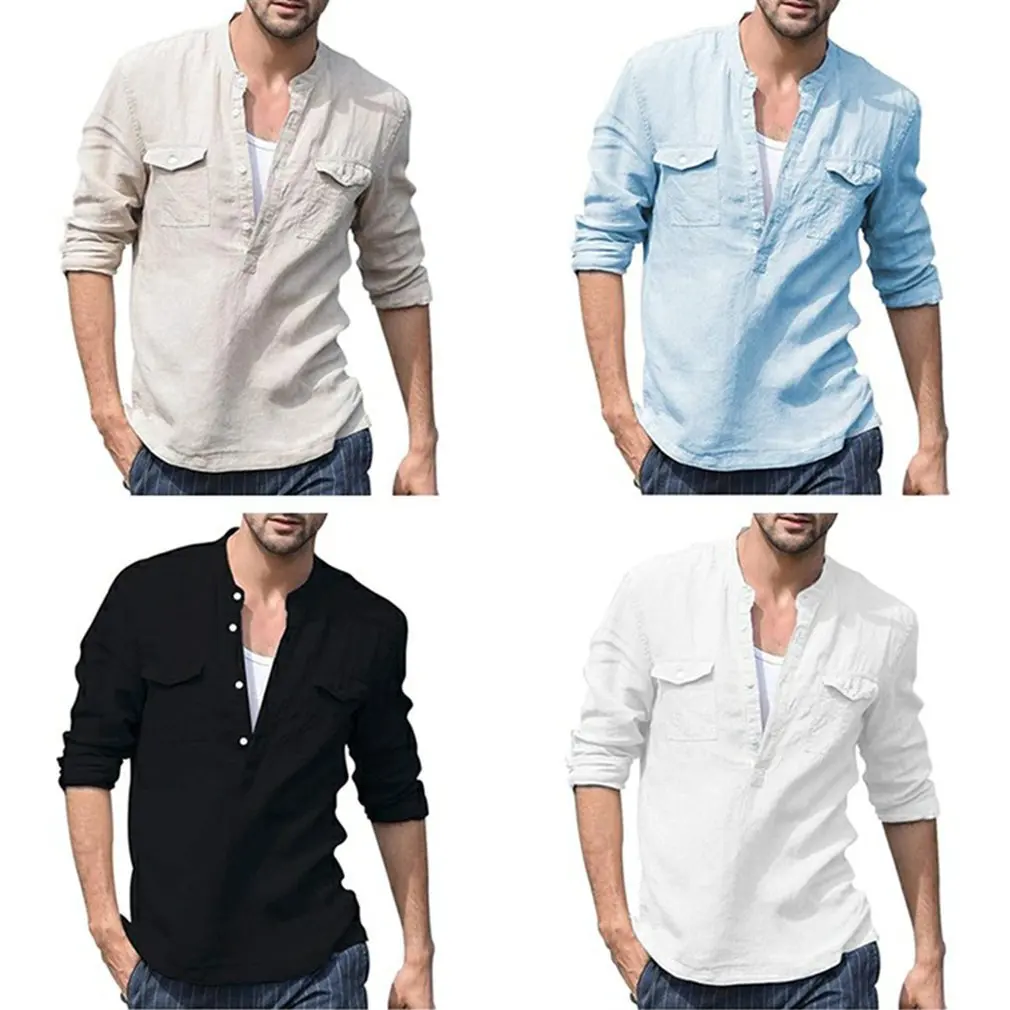 

2020 New Fashion Men's Summer Long Sleeve Cotton Linen Long Sleeve Cotton Casual Breathable Shirts Style Solid Male Shirts Tops