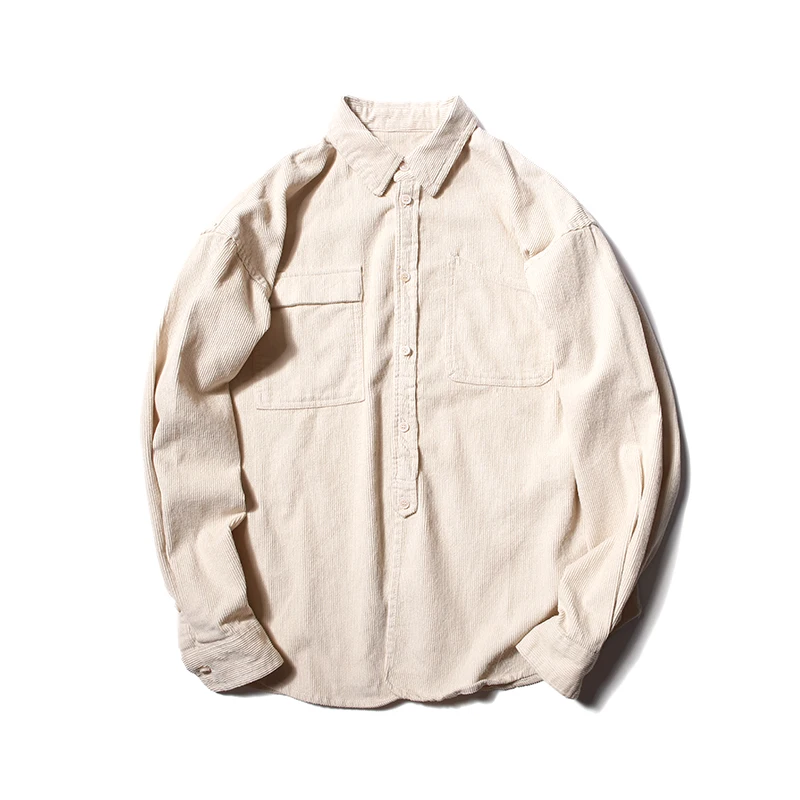 

Japanese Retro Yellow Men Shirt Long Sleeve Pocket Corduroy Shirt Men Vintage Autumn Brown Casual Korean Male Clothes AA50CS