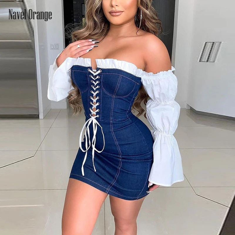 

Женское мини-платье с воротником-лодочкой и расклешенными рукавами, весенне-осенние Сексуальные облегающие джинсовые женские платья в сти...